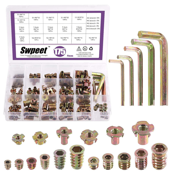 Swpeet 175Pcs M4 M5 M6 M8 M10 Metric Carbon Steel Color Zinc Plated Threaded Inserts Nuts and T-Nut 4 Pronged Tee Blind