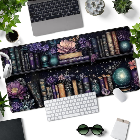 FGRWW 31.5x15.7 Purple Flowers Bookshelf Desk Mat Bookish Desk Pad Celestial Floral Books Large Mouse Pad XXL Extended