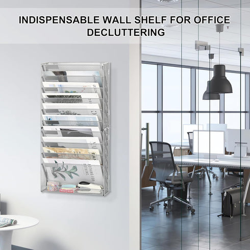 EasyPAG Mesh Wall File Holder, 11 Tier Office Hanging File Organizer, Silver Magazine Mails Rack for Papers and