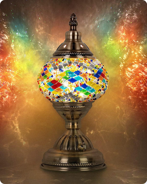 Yarra-Decor Turkish Moroccan Lamp, Handmade Tiffany Mosaic Glass Bedside Lamp with Rechargeable Battery, LED Bulb