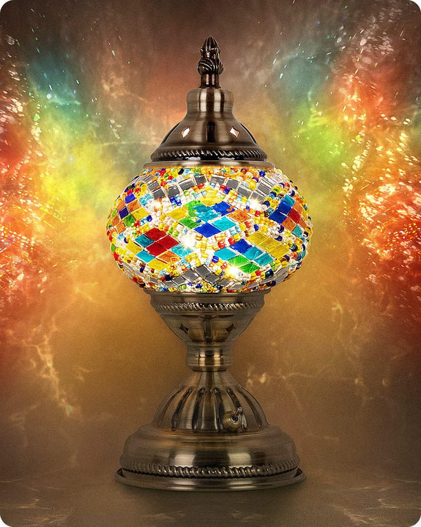 Yarra-Decor Turkish Moroccan Lamp, Handmade Tiffany Mosaic Glass Bedside Lamp with Rechargeable Battery, LED Bulb