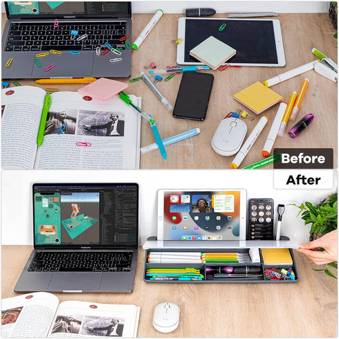 Varhomax Glass Desk Whiteboard with Storage, Memo Desktop Dry Erase Board for Home Office and School Supplies