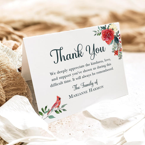 5.5" 4.25" Folded Sympathy Thank You Cards - Cardinal & Red Floral Watercolor Design, Personalized Nature Memorial