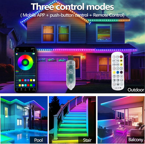 16.4FT Ws2812 IP68 5V RGB+IC LED Strip Lights Outdoor Waterproof, USB Powered, Music Sync Bluetooth APP/RF Remote