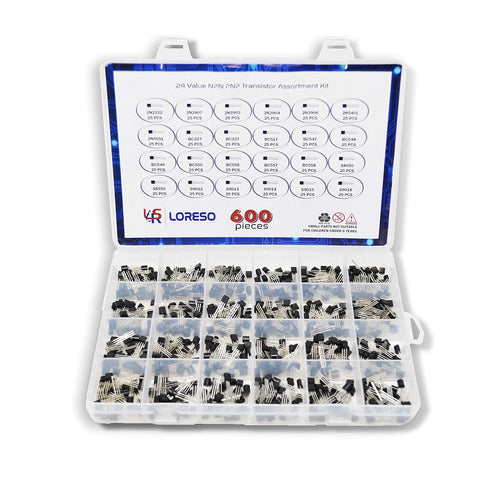 Loreso Transistor Variety Pack, 600 pcs Assortment Kit Box with 24 Value NPN PNP Transistors for Electronics Projects