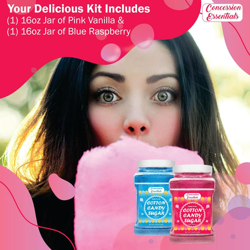 Concession Essentials /1lb -2ct Cotton Candy Floss Sugar -Pink Vanilla and Blue Raspberry Jars Each Flavor