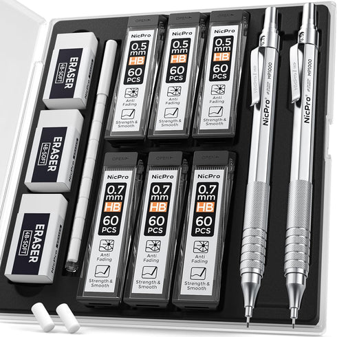 Nicpro 2 PCS Mechanical Pencil 0.5mm & 0.7mm with Case - MP1000 Metal Artist Pencil Set with Lead Refills and Erasers