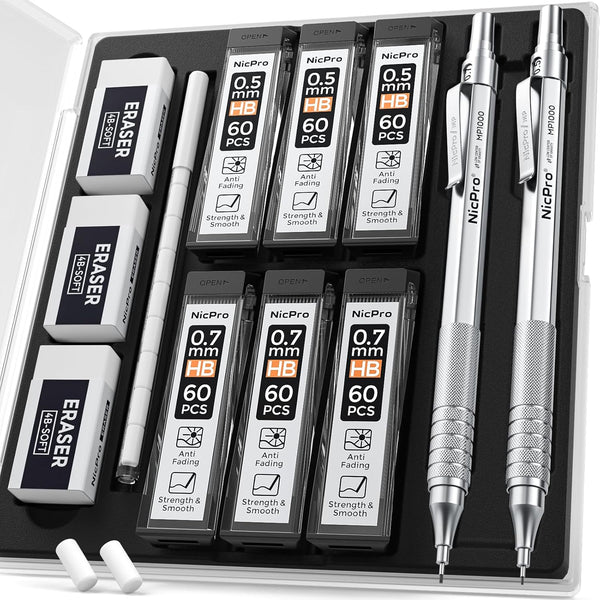 Nicpro 2 PCS Mechanical Pencil 0.5mm & 0.7mm with Case - MP1000 Metal Artist Pencil Set with Lead Refills and Erasers