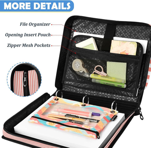 Caikeny 3 1.5 inch Ring Zipper Binder Salmon White Binders Bag Expanding File Pockets with Shoulder Strap and Handle