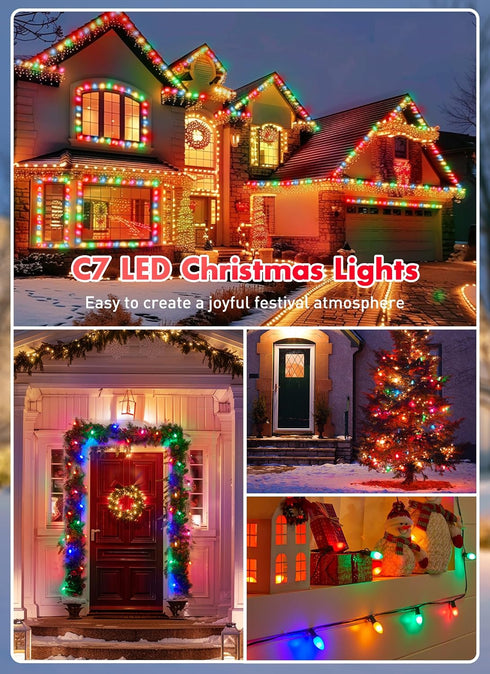 C7 50FT 50+2 Bulbs, Multicolor LED Christmas Lights Outdoor, Colorful Christmas String Lights with Plastic Traditional