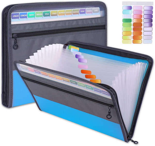 MEGREZ A4 Paper Expanding File Folder with 13 Pockets, Waterproof Accordion Organizer with Zipper Color Labels, Blue