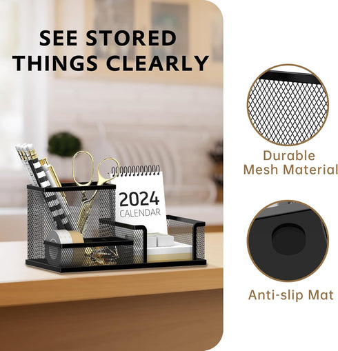 SUPEASY Mesh Pen Holder Desk Organizer, Office Supplies Storage with 3 Compartments for Home School