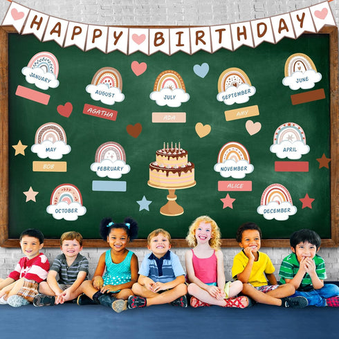 Marspark 65 Pieces Rainbow Birthday Bulletin Board Set for Classroom Decor, Birthday Chart Cutouts Decoration