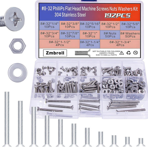 8#-32 Flat Countersunk Head Machine Screws, 192Pcs 304 Stainless Steel Phillips Fasteners Kit