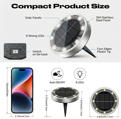 6 Pack IP68 Peasur Solar Ground Lights Outdoor, Flat Solar Powered Disc Lights, Waterproof, Anti-Rust, Landscape