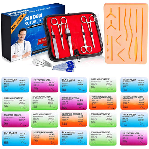 Suture Kit (30 Pcs) for Training, Includes Large Silicone Pad and Tool Kit with Needles for Medical Students