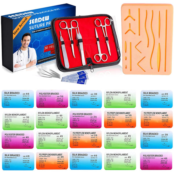 Suture Kit (30 Pcs) for Training, Includes Large Silicone Pad and Tool Kit with Needles for Medical Students