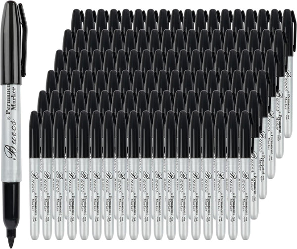 Buecs Permanent Markers, 200 Count Black Permanent Markers, Fine Point, Waterproof & Smear