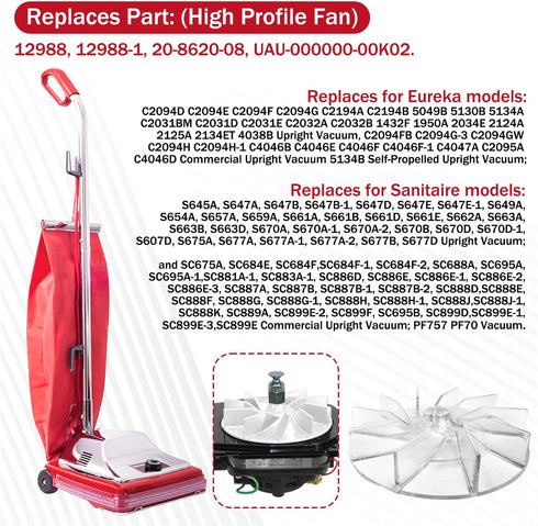 12988SAN Vacuum Cleaner Fan Replacment Fan for Eureka Sanitaire Upright Vac, Fits S657A, S662A, S649A, 4038B, SC675A, S647B, 1950A, S647E, S663D, SC888, Clear Durable Plastic Fan (1-Pack)