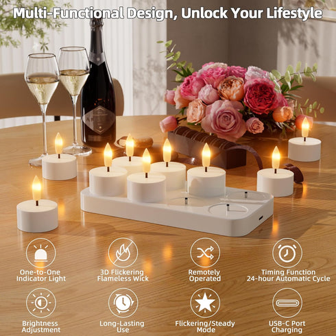 8Pcs Rechargeable Flameless Tea Lights Candles with Charging Station Battery Tea Lights with Remote & Timer LED