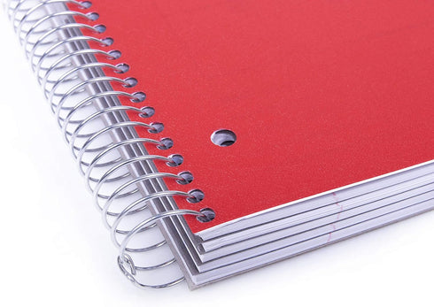 Mintra Office Durable Spiral Notebooks - 5 Subject, Red, Wide Ruled, 200 Sheets, Poly Pockets, Moisture Resistant Cover