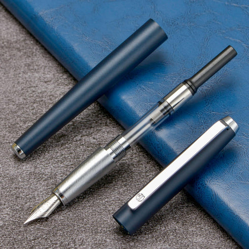 HongDian 525 Dark Blue Fountain Pen, Extra Fine Nib Classic Pen with Metal Case and Refillable Converter