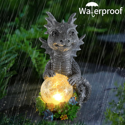 Solar Garden Outdoor Statues Dragon Holding Magic Orb with Solar LED Lights - Lawn Decor Outdoor Statue for Patio