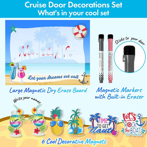 Cruise Door Decorations Magnetic Set - Large 11x13 Inch Dry Erase Board with 6 Fun Magnets, 2 Markers, Eraser
