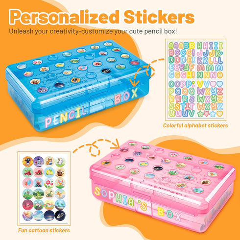 Kcjdd Personalized Pencil Box,Clear Hard Pencil Case with Stickers for Back to School,Plastic Marker Crayon Box