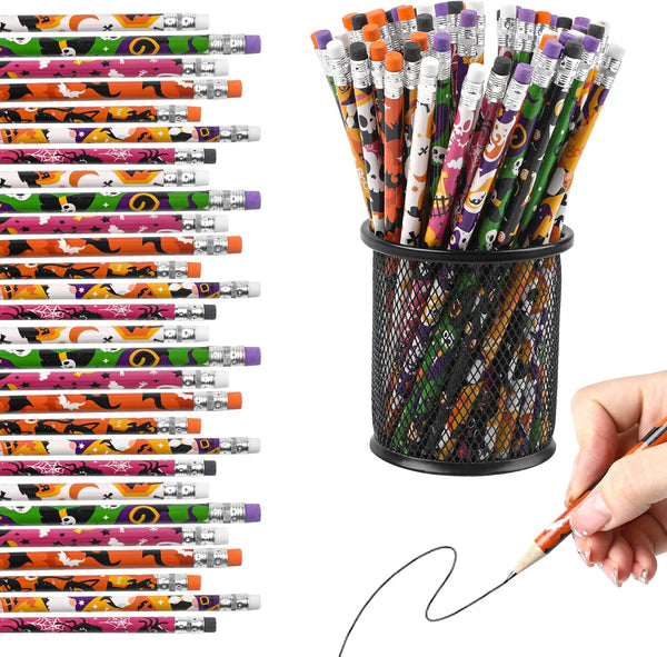 LOMIMOS 120pcs Halloween Pencil Bulk, Colorful Wooden with Eraser, 12 Patterns for Kid Trick or Treat Party Supplies