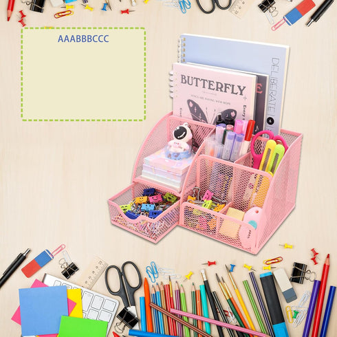 Mesh Desk Organizer with 6 Compartments and 1 Drawer, Multi-Functional Caddy Pen Holder for Home Office School Decor