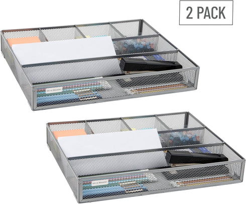Mind Reader Drawer Organizer, Desk Utensil Organizer, Metal Mesh, 15" L x 12" W x 2.25" H, Set of 2, Silver