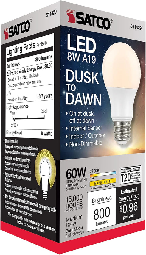 S11429 A19 Bulb, 60W 2700K, Satco Dusk to Dawn LED Light Replacement, Frosted