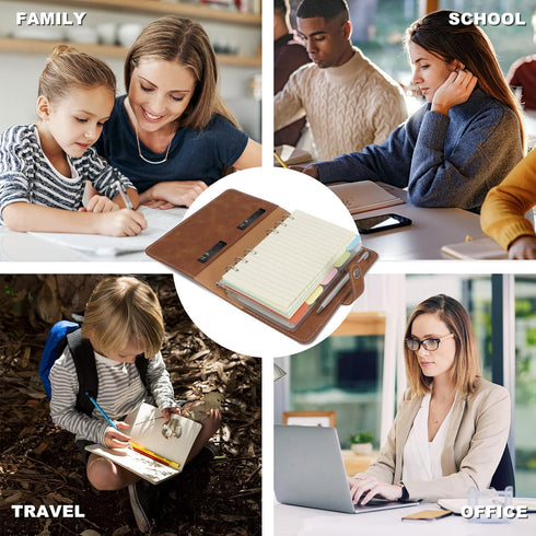 FYY Leather A6 Binder - 6 Ring Binder Notebook, Refillable Notebook A6 Planner Binder with Binder Pockets, A6 Dividers,