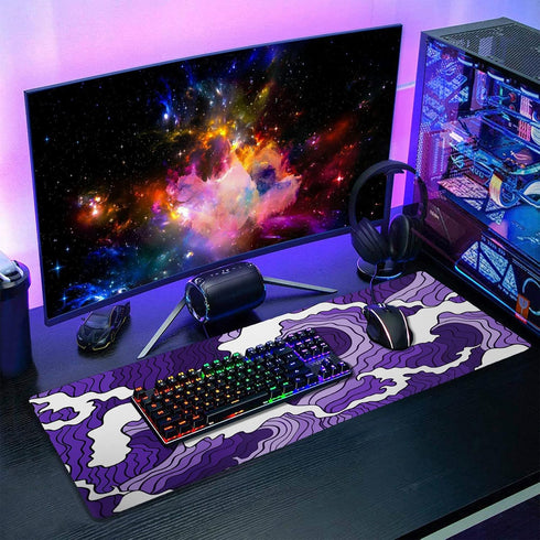 Japanese Purple White Wave XL Gaming Mouse Pad, Cartoon Sea Texture Extended Large Desk Cover, Non-Slip Rubber Base,