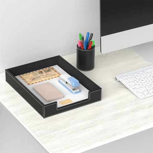 Leather Letter Tray, THIPOTEN Elegant Desk Organizer for Office Supplies, Mail, Paper, File, Magazine (Black)