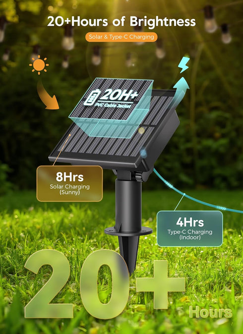 34FT 9 S14 Bulb, 3 Dimmable Minetom Solar String Lights Outdoor Waterproof, LED Shatterproof Patio Lights with Remote