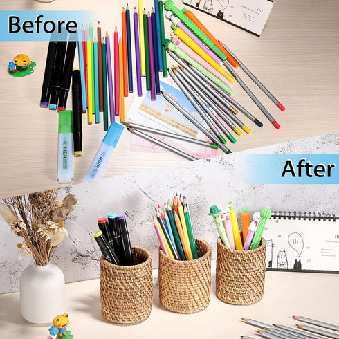 BTSKY 3 Pack Rattan Pen Cup, Handmade Desk Pencil Holders, Multi-Functional Woven Basket Organizer