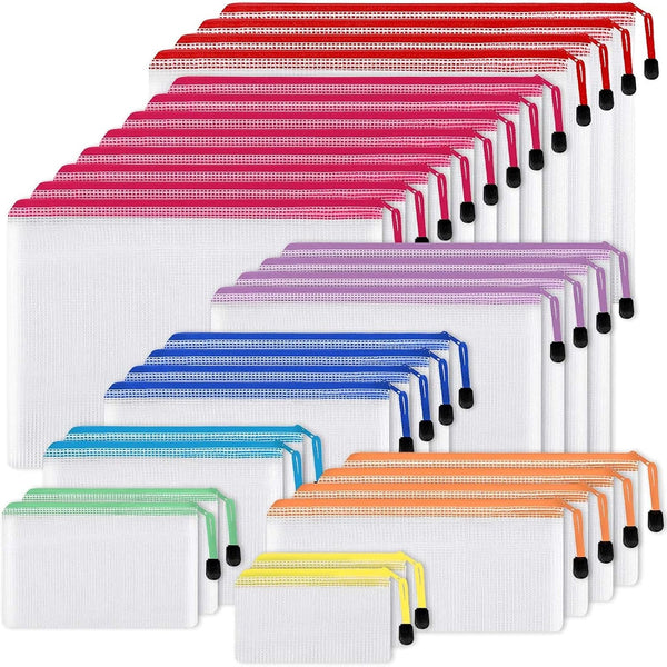 EOOUT 30pcs Waterproof Mesh Zipper Pouch Bags in 8 Sizes and Colors for Organization, Travel, School, and Home