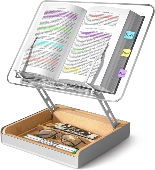 HUMANCOZY Book Stand with Storage, Book Holder for Reading Hands Free, Wooden Cookbook
