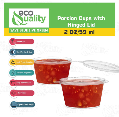 EcoQuality 50 Pack 2 Oz Leak Proof Plastic Condiment Souffle Containers with Attached Lids for Sauces, Food Storage