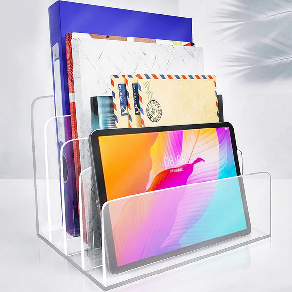 Clear Acrylic File Organizer, 4 Sections File Holder Sorter for Office Desk, Mail Letter Book Electronics Makeup