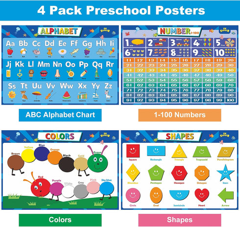 SK SUPKER 4Pack ABC Alphabet Chart + Numbers 1-100 + Shapes + Colors Poster Set, Toddler Educational Learning Posters