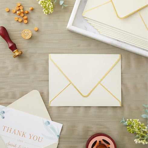 Juvale 50 Pack 5x7 Ivory Envelopes for Wedding Invitations, A7 Size with Gold Foil Edges for Bridal Shower