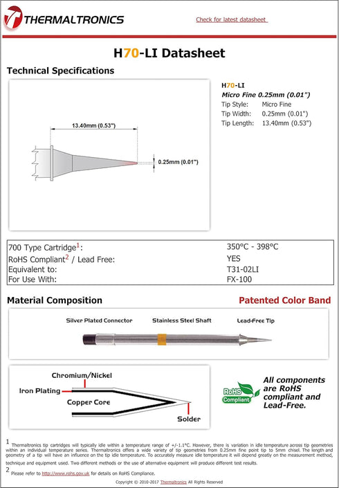 Thermaltronics H70-LI Micro Fine 0.25mm (0.01in) Interchangeable Tip for Hakko T31-02LI