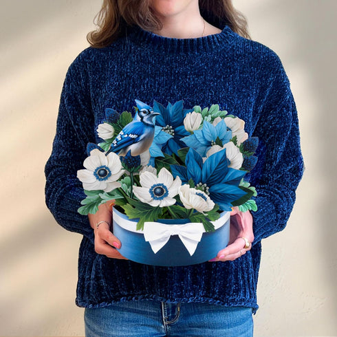 Poinsettia, 10 Inch 3D Freshcut Paper Pop Up Cards, Blue Life Sized Forever Flower Bouquet Popup Greeting Cards