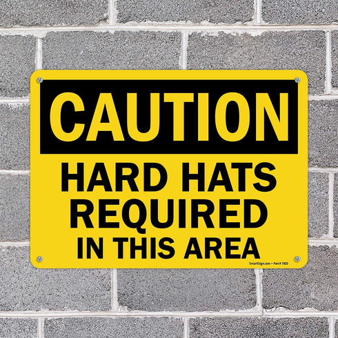 SmartSign-S-2152-AL "Caution - Hard Hats Required In This Area" Sign | Aluminum 10" x 14" - Black on Yellow