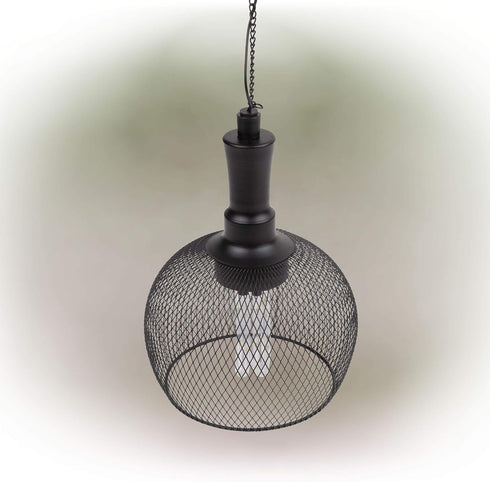 Alpine Corporation 10" Tall Hanging Solar Powered Outdoor Mesh Lantern with LED Lights, Black