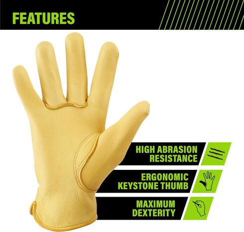 AWP Grain Leather Deerskin Work Gloves - Large Tan for Men and Women