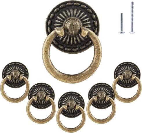 6Pcs Vintage Bronze Drop Ring Knobs, Antique Drawer Pull Round Handle with Screws for Dresser Cabinet